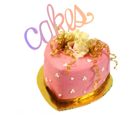 graphic of a pink heart shaped cake and decorative font spelling the word cakes